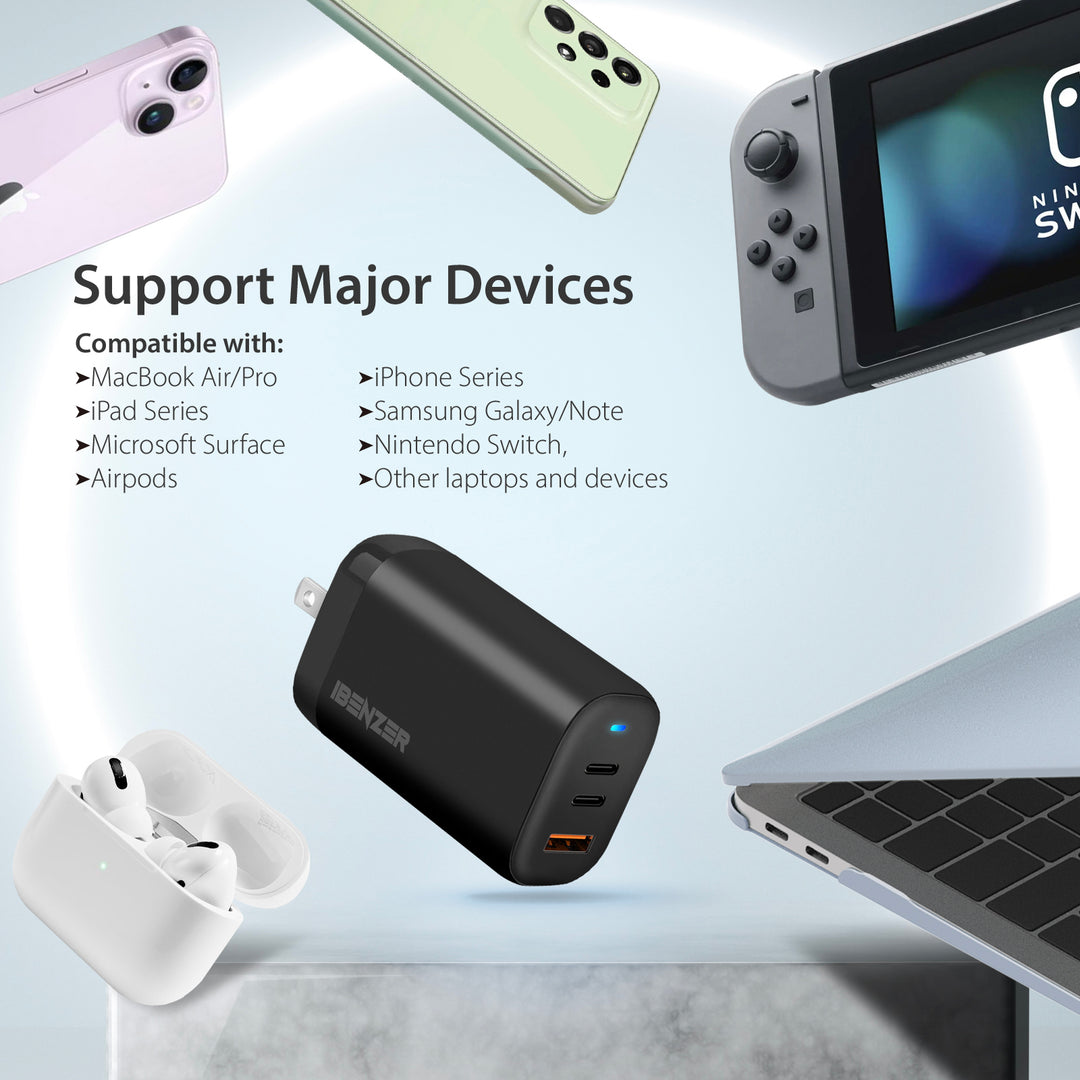 iBenzer 65W PD 3.0 Foldable 3-Port Wall Charger