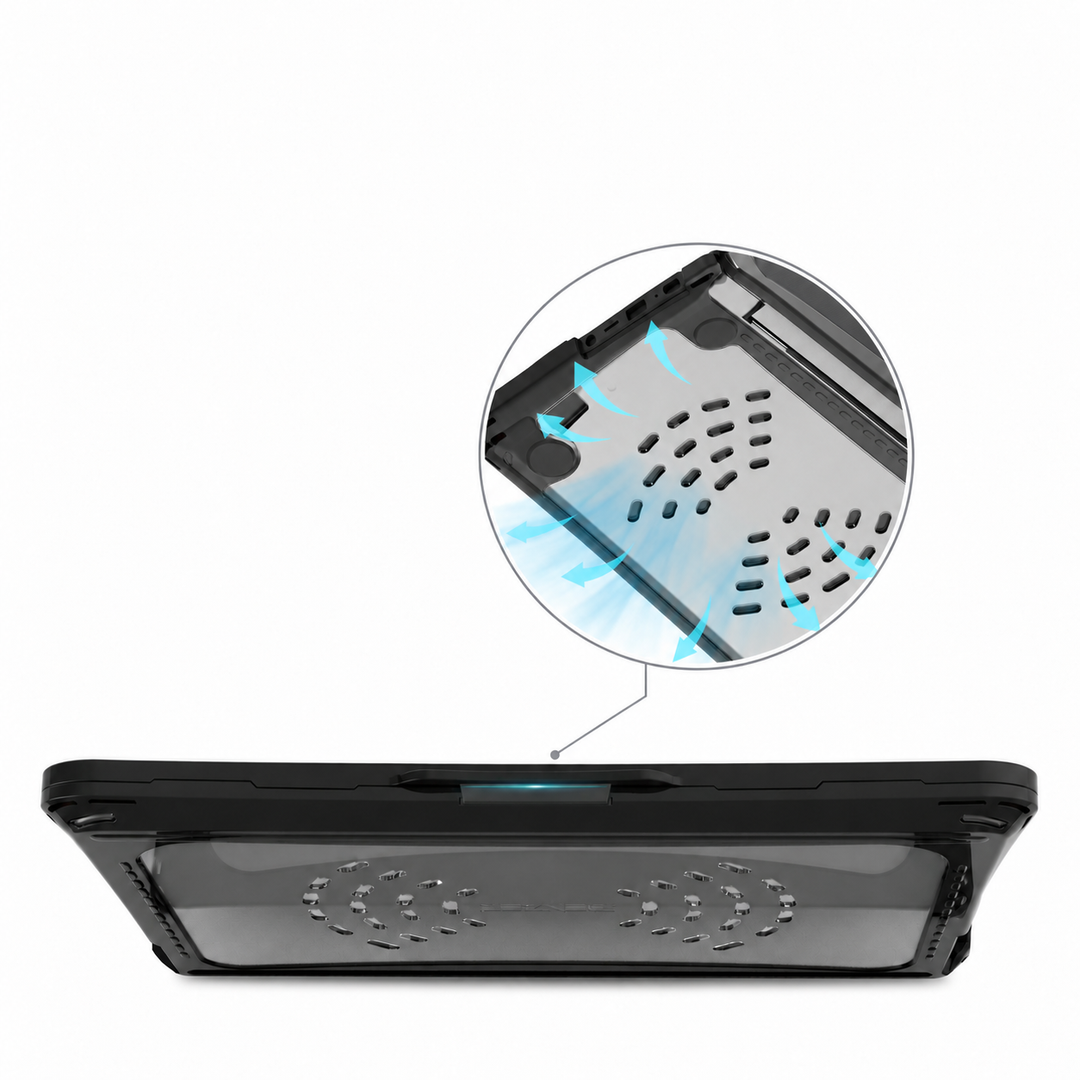 Black and gray iBenzer Hexpact case with a magnified view of bottom ventilation openings and blue airflow illustration